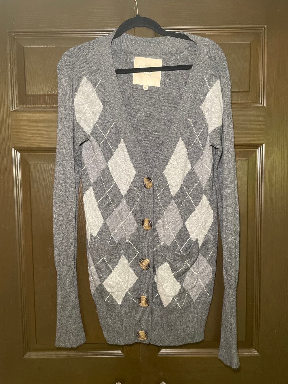 Y2K Abercrombie & Fitch Long Cardigan Sweater Sm Gray Argyle Pockets Wool Blend